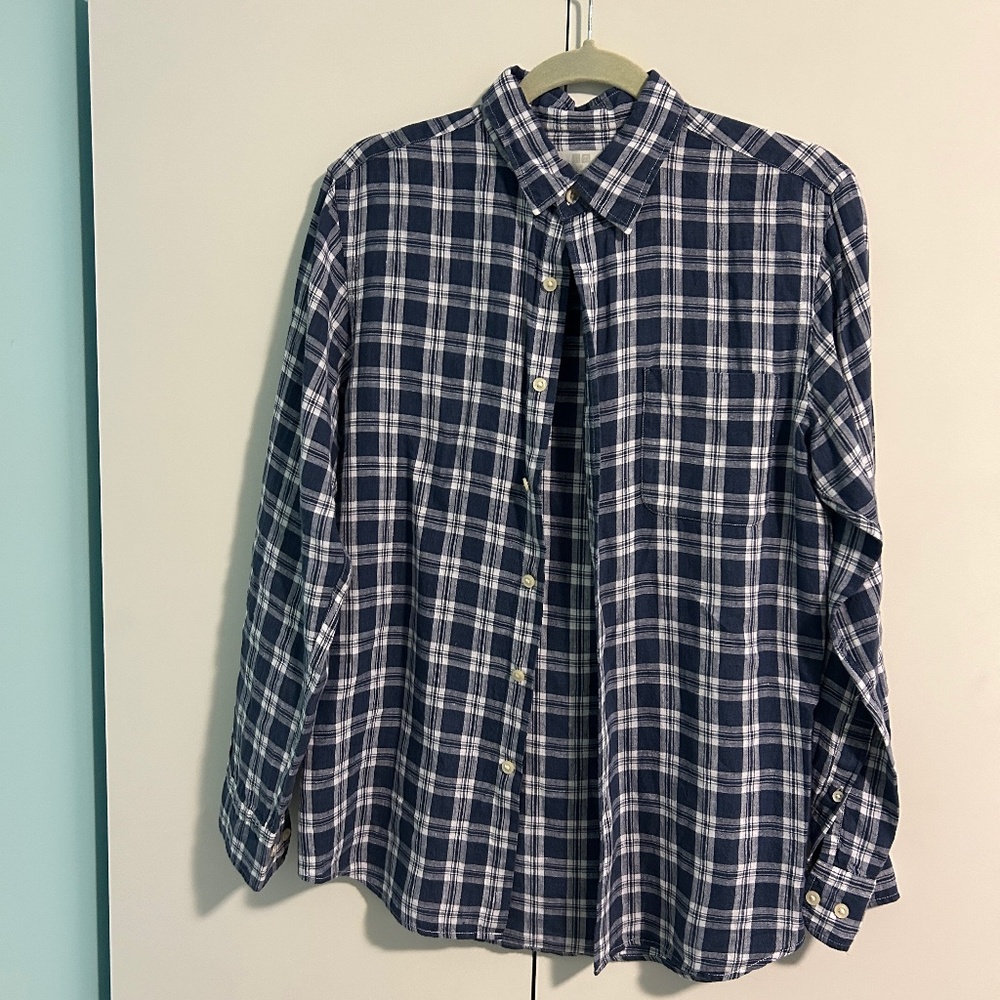 Uniqlo Linen Gingham Button Down Blue White Medium